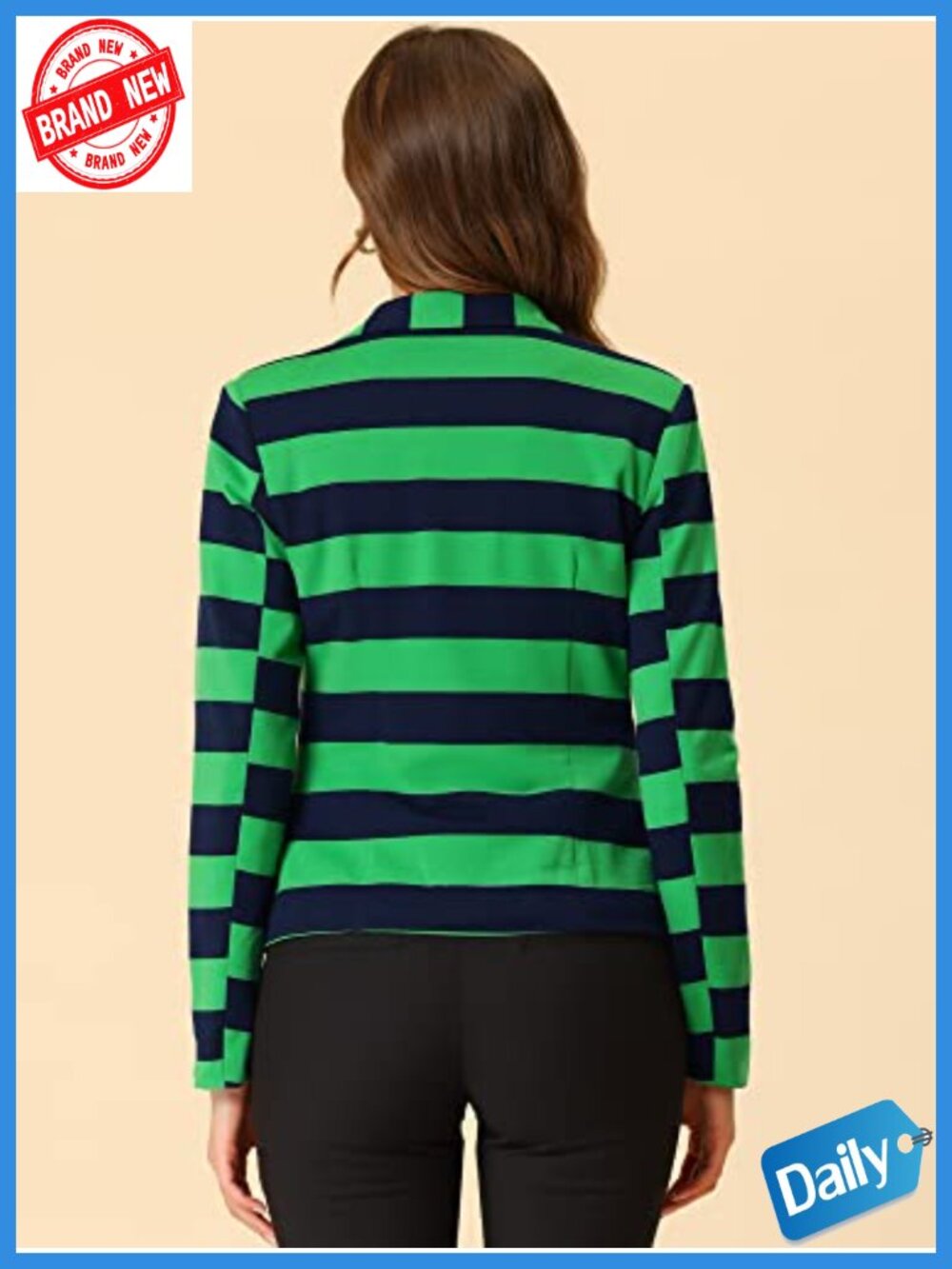 Women's Striped Blazer Button Closure Notched Lapel Knit Fabric Short Cropped - Picture 3 of 5